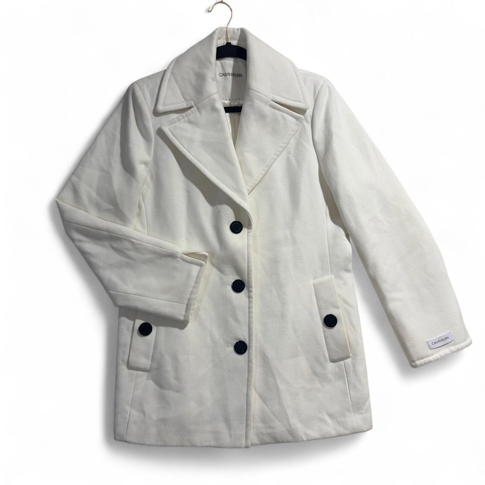 Calvin Klein Womens White Lined Pea Coat Wool Blend Size Large RN54163